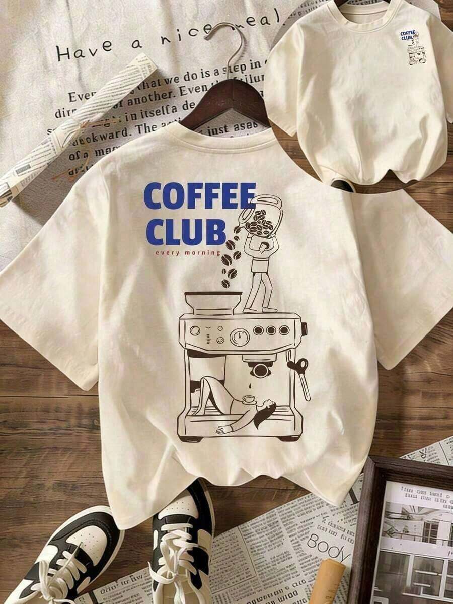 Camiseta Casual de Verano para Mujer, Camiseta con Estampado COFFEE CLUB, Camiseta Casual de Manga Corta con Cuello Redondo para Mujer, Adecuada para Verano, Vacaciones, Playa2026-Atuendos de Verano para Mujer - Albaricoque - Ver 1