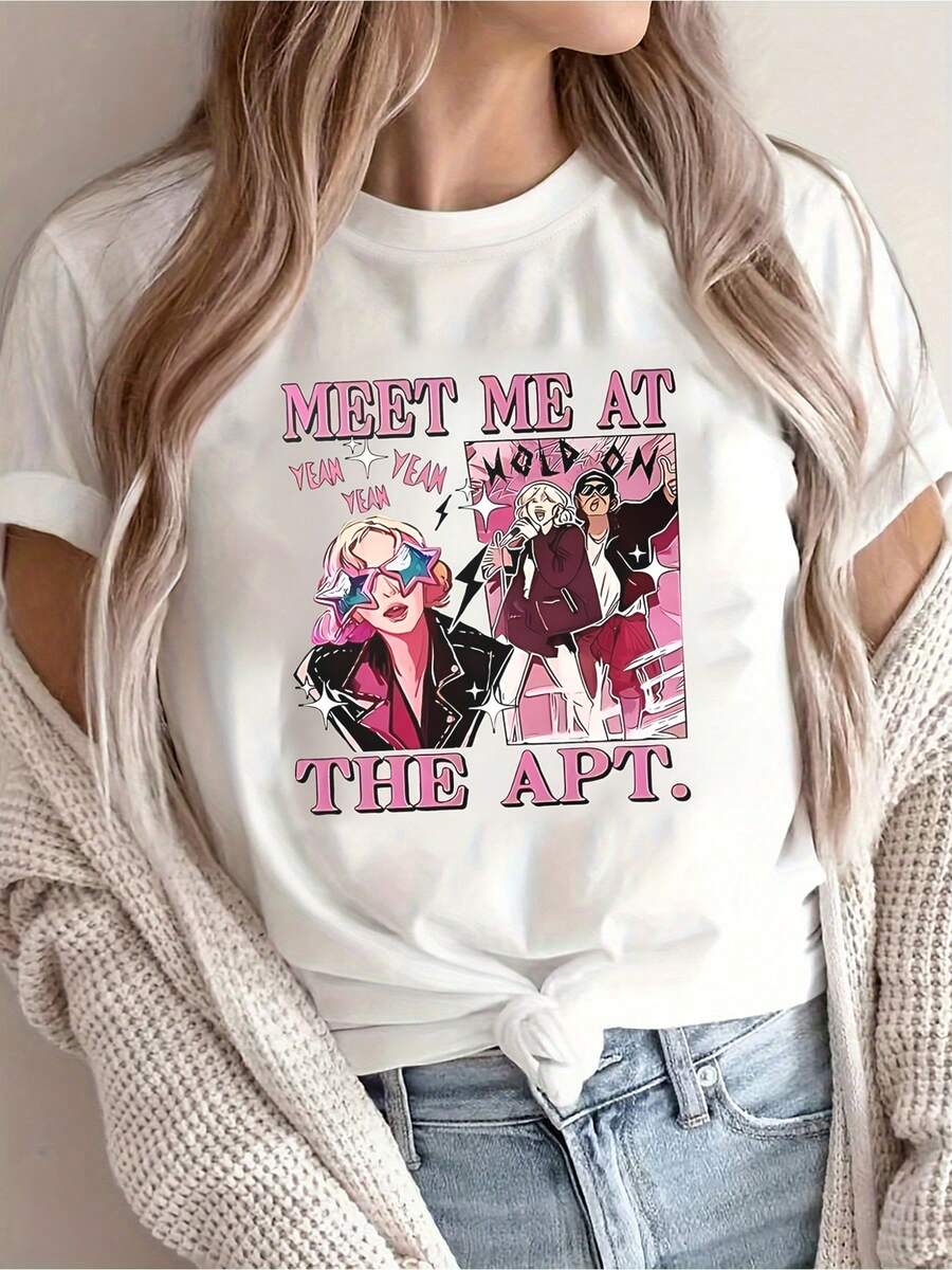 Camiseta casual de mujer con cuello redondo y un diseño gráfico vibrante de "Meet Me at The Apartment" - Cómodas mangas cortas para mujer, tops de primavera y verano, ropa casual de primavera | Tops con estampados divertidos | Camiseta de mujer - Blanco - Ver 1
