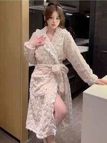 Lace Trim Robe, Tie Waist Bathrobe, Comfortable Coral Fleece Material, Soft Plush Long Robe, Thick Kimono Robe, Warm Loungewear Jacket, Sexy Lace Trim Robe - Multicolor - View 5
