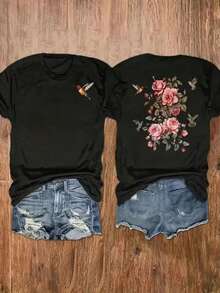Camiseta Deportiva Casual para  con Diseño de Rosas Rosadas y Colibrí- Camiseta Elástica de Cuello Redondo, Lavable aáquina, Ajuste Cómodo y Perfecta para Todas las Estaciones, para Estilo Informal y Actividades Cotidianas. - Negro - Ver 6