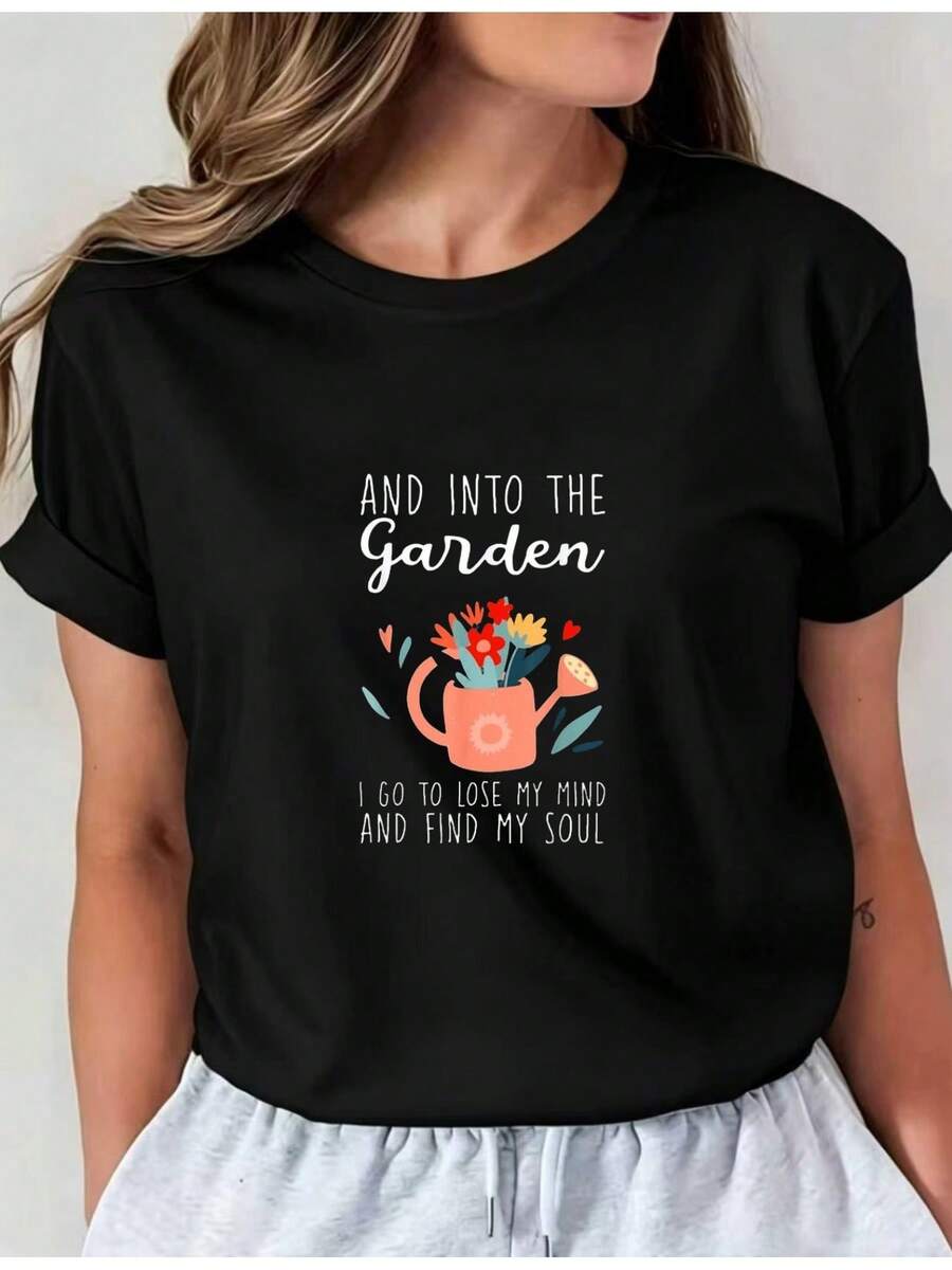 Camiseta Deportiva Casual para Mujer con Gráfico Floral y Texto Motivacional - Camiseta Negra Elástica de Cuello Redondo, Lavable aáquina, Ajuste Cómodo, para Todas las Estaciones. - Negro - Ver 1