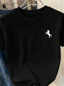 Camiseta Deportiva Casual para Mujer en Negro con Silueta de Caballo Blanca en el Pecho - Camiseta Elástica de Cuello Redondo, Lavable aáquina, Confortable y Apta para Todas las Estaciones, para Uso Diario y Actividades Informales. - Negro - Ver 6