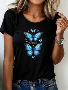 Camiseta Deportiva Casual para Mujer con Gráfico de Mariposas Azules Vibrantes y Texto  - Camiseta Negra Elástica de Cuello Redondo, Lavable aáquina, Ajuste Cómodo para Todas las Estaciones. - Negro - Ver 6