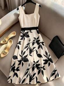 Vestido ajustado sin mangas con estampado floral color albaricoque, elegante - Albaricoque - Ver 2