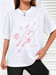 Women's Casual Loose Fit T-Shirt With Pink Star And Meteor Print, Breathable And Comfortable, Short Sleeve, Round Neck, With Inspirational Phrase "A Calm Mind", Soft Cotton, Perfect For Everyday Wear And Urban Flirty Style - 白色 - 查看 1