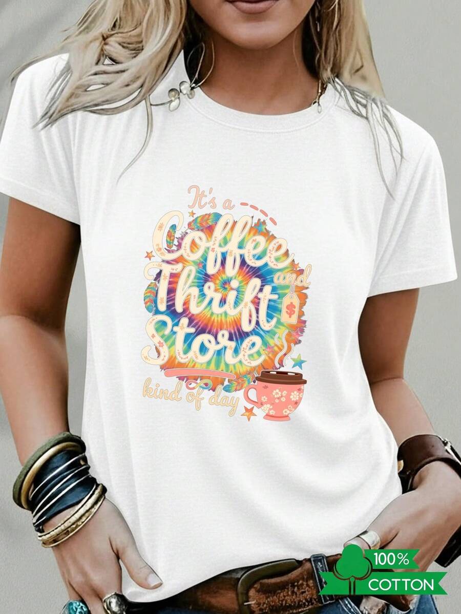 Women's Round Neck T-Shirt With Anime Letter Print, Simple Design, Comfortable And Breathable, Suitable For Casual And Versatile Daily Wear, Showing A Natural And Elegant Style, A Must-Have For Summer Parties, With A Colorful Tie-Dye Background. - 白色 - 查看 1