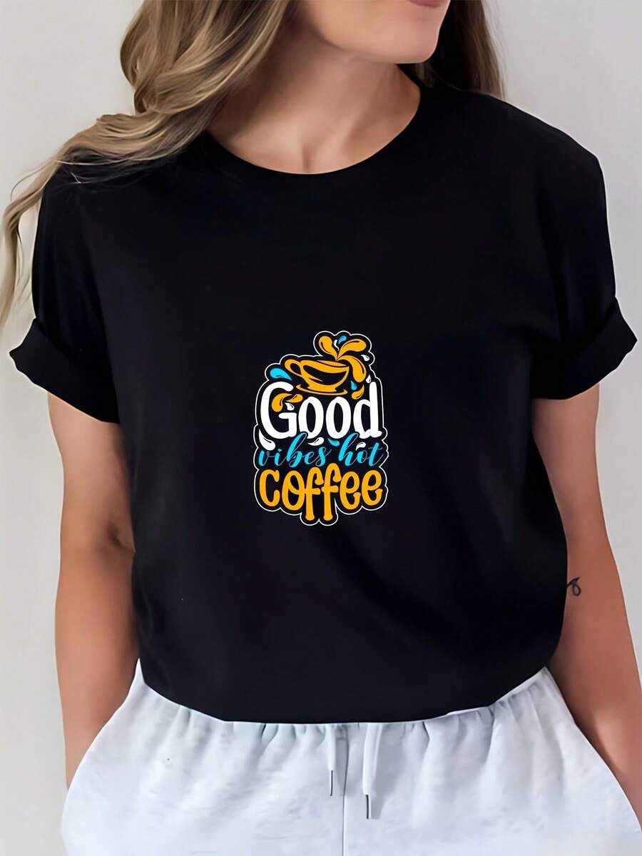 Camiseta Ligero180G Good Vibes Coffee para Verano - Regalo Perfecto para Familiares y Amigos, Actividades de Team Building, Casual y Cómoda, Camiseta de Manga Corta para Mujeres y Hombres. - Negro - Ver 1