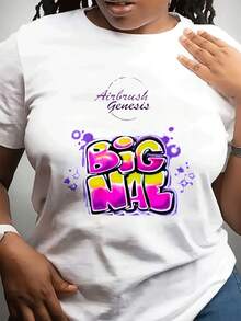 Soft, Breathable, And Lightweight For All-Day Comfort. Plus-Size Women's Clothing, Oversized Loose-Fitting T-Shirt For Women - Black Top With "Big Nae" Graffiti Print In Black With Pink And Blue Lettering, Urban-Style Crew Neck, Comfortable For Everyday Wear And Special Occasions, Versatile Casual Shirt For All Seasons,  And Fashionable Short-Sleeved Shirt For Women. Classic Crew Neck With A Relaxed Fit That Flatters All Body Shapes And Is Easy To Pair With Jeans, Shorts, And Leggings. - 白色 - 查看 12