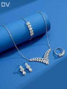 DV JEWELRY 5件套立方氧化锆镀白金奢华项链、手链、耳环、开口戒指首饰套装，优雅珠宝礼品，适合女性、派对、周年纪念日佩戴 - 銀色 - 查看 1