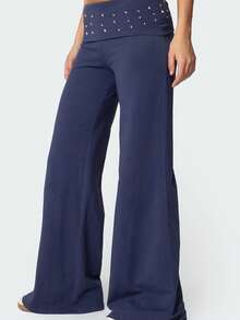 Womenacute;s Wide Leg Pants High Waist Folded Studded Waistline Black Loose Casual Pants - Azul Marino - Ver 4