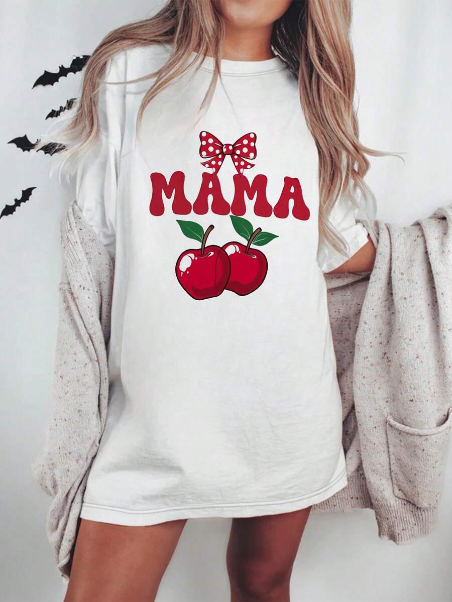 Camiseta de moda femenina de verano de manga corta camiseta de moda casual al aire libre 'letras y cerezas' estampado camiseta casual femenina suelta - Blanco - Ver 1