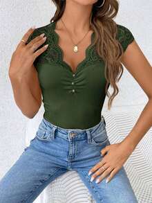 Camiseta Ajustada De Manga Corta Con Borde De Encaje Para Mujer - Verde - Ver 5