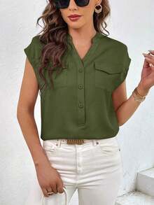 Camisa con bolsillo con solapa de manga murciélago con botón delantero - Verde militar - Ver 2