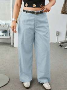 Pantalones casuales básicos de unicolor con bolsillo en ángulo para talla grande, color albaricoque, pantalones de cintura alta para el verano - Niebla azul - Ver 3