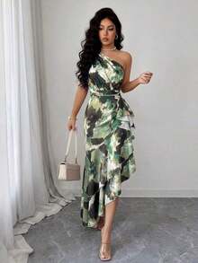 Vestido de mujer con un hombro, estampado teñido difuminado y diseño de volantes en el bajo irregular, vestido de primavera/verano, diseño de bajo irregular, elegante y de moda, adecuado para uso diario, bodas, banquetes, viajes diarios, fiestas de graduación, eventos festivos, vacaciones - Verde - Ver 4