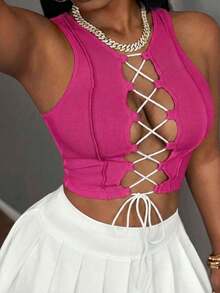 Top corto sin mangas con contraste de color acanalado, estilo casual básico, deportivo, sexy y de calle Y2K para mujeres - Rosa Fucsia - Ver 5