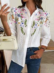 Clasi Blusa elegante con bordado, corte láser y estampado floral abombado informal para mujer, camisa de mujer para primavera y verano - Multicolor - Ver 5