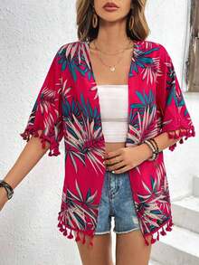 Kimono de flecos con estampado tropical de verano para la playa - Rojo - Ver 3