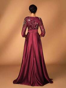 y lujoso vestido de manga larga transparente con bordado de encaje floral, con perlas y lazo con diamantes, con vuelo.Adecuado para boda, fiesta, vacaciones, baile de graduación, vestido de noche para novia, madre de la novia - Burdeos - Ver 2