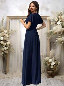 Vestido de dama de honor de gasa con volantes y mangas cortas con volantes, cuello de barco, estilo elegante para boda, color eucalipto - Azul marino - Ver 2