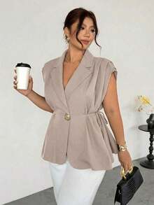 de traje delgada de botón de metal casual y elegante a juego para mujer talla grande, de lino marrón/Chaqueta de traje de imitación de lino/Blusa con lazo plisado/Ropa casual de negocios para mujer/Ropa de maestra/Ropa retro para mujer/Co - Caqui - Ver 2