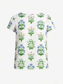 Blusa de verano para mujer con escote de ojo de cerradura, manga abullonada y pliegues plisados, estilo bohemio con estampado floral - Verde 2 - Ver 2