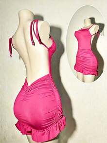 Vestido corto de mujer marrón con espalda calada - Rosa Fucsia - Ver 4
