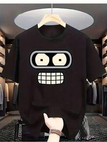 Camiseta Unisex para Hombre y Mujer con Diseño Curvo de Robot, Estilo Humorístico Futurama, Transpirable, Cuello Redondo, Manga Corta, Informal, para Verano, Ropa para Fanáticos del Anime, Cultura Pop, Atuendo para Fiesta - Negro - Ver 1