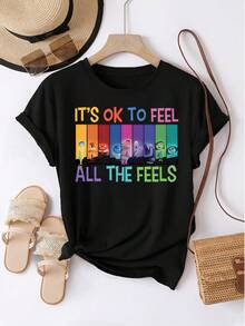 Women's 100% Cotton Short Sleeve Casual T-Shirt With Round Neck, Print And Text. Spring/Summer Fashion For Running. 100% Cotton Short Sleeve T-Shirt With Round Neck. Casual Short Sleeve Top With Round Neck. Pure Journey Short Sleeve Top. Fashionable For Spring/Summer. Clothing For - 黑色 - 查看 6