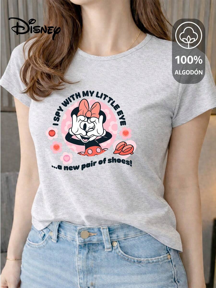 Women's T-Shirt Made Of 100% High-Quality Cotton, This T-Shirt Guarantees Exceptional Softness To The Touch, Round Neck With "Disney Minnie I " Print And Short Sleeves - 淺灰色 - 查看 1