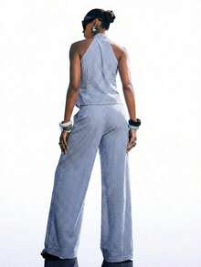 Conjunto de 2 piezas de top halter a rayas y pantalones de verano casual para mujer - Azul - Ver 2