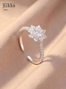 Hihho 1pc French Retro Copper Plated Silver White 3D Floral Snowflake Design Open Ring, Elegant Fashion Hand Accessory For Women, Suitable For Daily, Dating, Best Gift For Friends - Snowflake - View 3