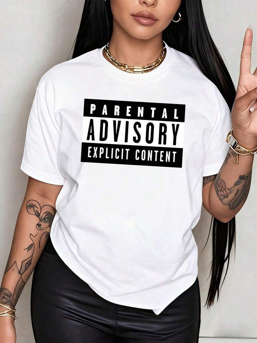 100% Cotton. Parental Warning: Explicit Content. Women's T-Shirt To Show Your Rebellion And Boldness. Striking Lettering In English. 100% Cotton For Casual And Comfortable Wear. Women's Simple Solid Color T-Shirt, Loose And Slim Fit Casual Short Sleeve - 白色的 - 查看 1