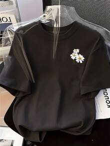Plus Size Fashionable Women's T-Shirt With Printed Design On Soft And Versatile Fabric. This Short-Sleeved T-Shirt Features An Intricate Daisy Design, Offering Comfortable Wear And A Perfect Fit For Casual Occasions. It's A Stylish Blouse Suitable For Everyone. - 深灰色 - 查看 6