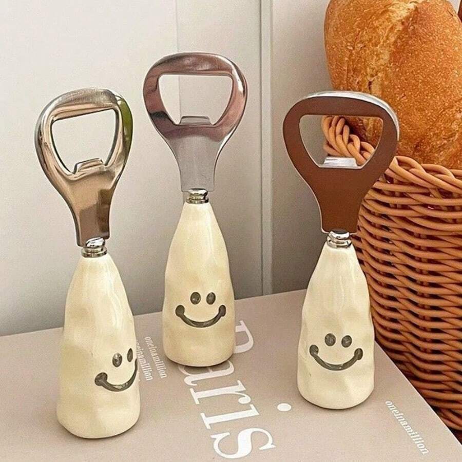 可爱笑脸啤酒瓶起子，塑料手柄仿陶瓷，独立式瓶起子，创意不锈钢瓶盖移除器