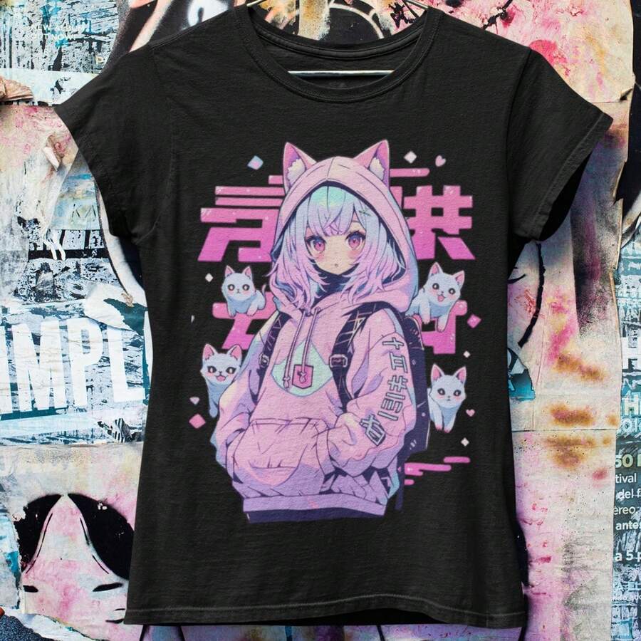 Pastel Goth Anime Mystic Cat Oversized Tshirt Harajuku Streetwear j1apanese Streetwear Grunge Aesthetic - Negro - Ver 1