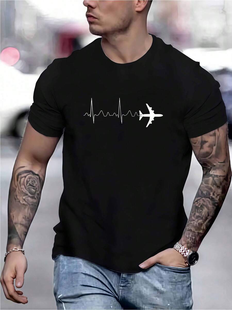 Unisex Short-Sleeved T-Shirt, For Men, Adult, Multiple Styles Available, Chest With Black ECGY Airplane Silhouette Creative Print, Aviation-Inspired Design, Minimalist Aesthetic, Easy To Wear, Eye-Catching And Complete With Discreet Style, Suitable For Men's T-Shirts, , , Women's, Men's, Boho Chic, Teachers' Gifts, T-Shirt For Curvy Women's Sets, Y2k, - 黑色 - 查看 1