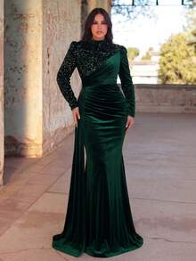 Faeriesty Plus Size Women's Elegant Formal Evening Gown, Stand Collar, Long Sleeve, Fishtail Hem Design, Sparkling Sequin Details, Suitable For Banquets, Galas, Awards Ceremonies, Weddings And Upscale Parties, Summer Holiday Attire Party Spring - Dark Green - View 3
