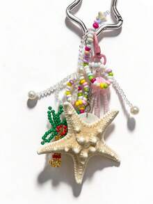 1pc Natural Starfish Keychain, Colorful Beaded Bag Charm, Island Style Girly Pendant, Backpack Accessory (Beads Color Random) - Multicolor - View 3