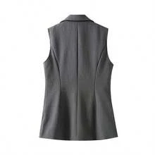 Chaleco blazer regular de mujer con parches a rayas y un solo botón, unicolor con bolsillo y botón, para uso en oficina en primavera - Gris - Ver 7
