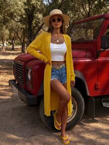 Nuevo llegado de primavera y verano Cárdigan de punto acanalado amarillo largo para mujer, Abrigo de punto de cuello en V y frente abierto, Uso casual y de oficina, Otoño, Parte superior para salir - Amarillo - Ver 3