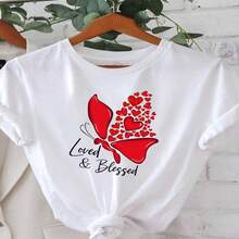 Women's Sexy Casual Elegant Cotton Round Neck Short Sleeve Regular T-Shirt With Butterfly Heart Print - 白色 - 查看 1