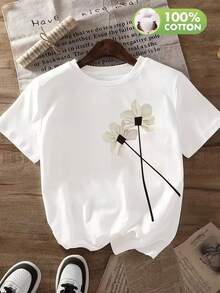 SimpieAndVersatileDesignTH423 New Women's T-Shirt, Floral Print, Fashionable Casual T-Shirt, 100% Round Neck And Short Sleeve, Sweat Absorbent And Breathable, Casual Wear, Comfortable, Elegant And Chic For Home, T-Shirt For Spring, Summer And Autumn, Versatile Cotton T-Shirt. - 白色 - 查看 1