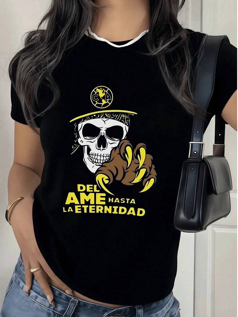 Fashionable Women's T-Shirt, Women's Printed T-Shirt With Skull And Claw Design, Casual And Modern Style 100% Cotton, Ideal For A Bold And Original Look. - 黑色 - 查看 1