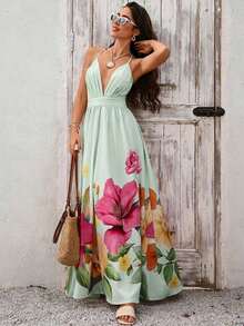 Vestido de mujer con cuello en V profundo, espalda descubierta y estampado floral para vacaciones de verano y playa - Verde - Ver 10