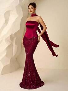 Vestido de Noche Formal Elegante con Lentejuelas y Diseño de Parches sin Tirantes para Mujer de Coutiva - Burdeos - Ver 3
