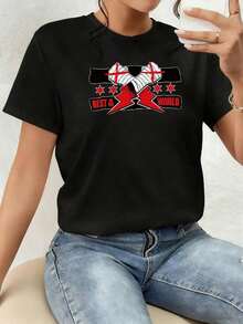 Two Crossed Bandaged Fists With Red Symbols Represent Strength, Determination, And Fighting Spirit; Lightning And Stars Evoke Urban Energy And Personal Power. Women's 100% Cotton T-Shirt, Comfortable, Modern, And Attractive For Everyday Wear. New Summer Women's T-Shirt, Casual And Comfortable Crew Neck Top - 黑色 - 查看 1