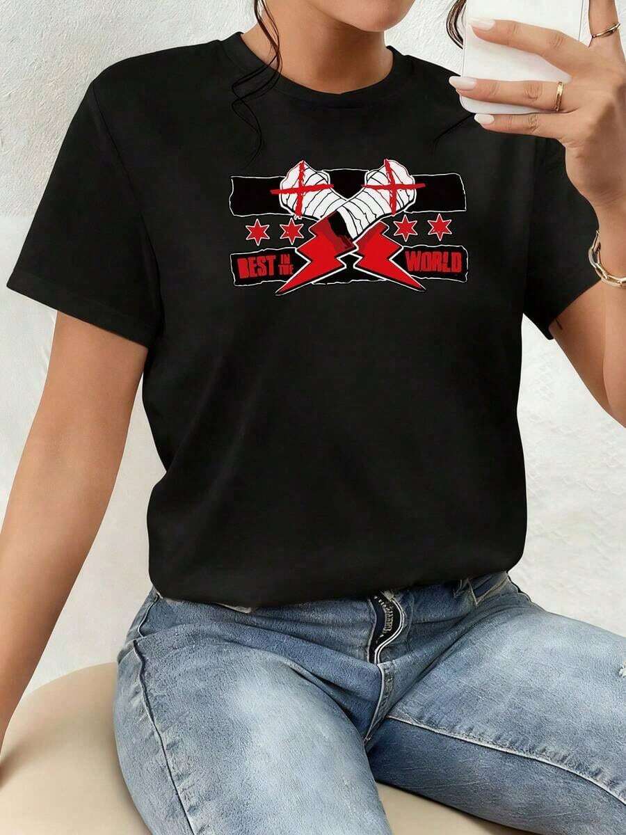 Two Crossed Bandaged Fists With Red Symbols Represent Strength, Determination, And Fighting Spirit; Lightning And Stars Evoke Urban Energy And Personal Power. Women's 100% Cotton T-Shirt, Comfortable, Modern, And Attractive For Everyday Wear. New Summer Women's T-Shirt, Casual And Comfortable Crew Neck Top - 黑色 - 查看 1