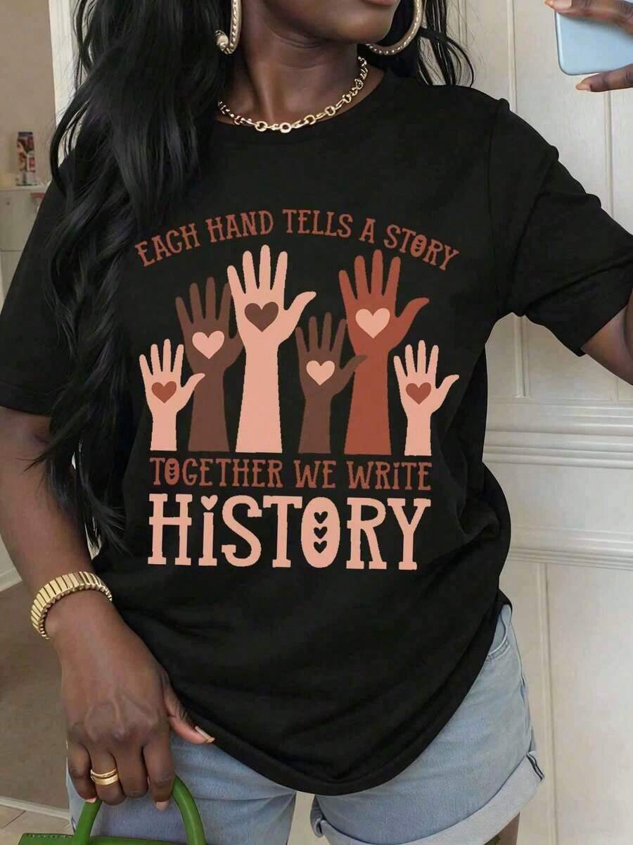 [African Pride T-Shirt] Every Hand Tells A Story, Together We Write History. T-Shirt For Women And Girls, For Empowerment And Unity. Graphic Print T-Shirt Of African Heritage For Casual Wear And Activism Events. - 黑色 - 查看 1