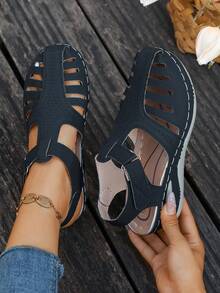 Cutout Detail Wedge Closed Toe Sandals, Women's Casual Summer Outdoor Footwear - 黑色 - 查看 4